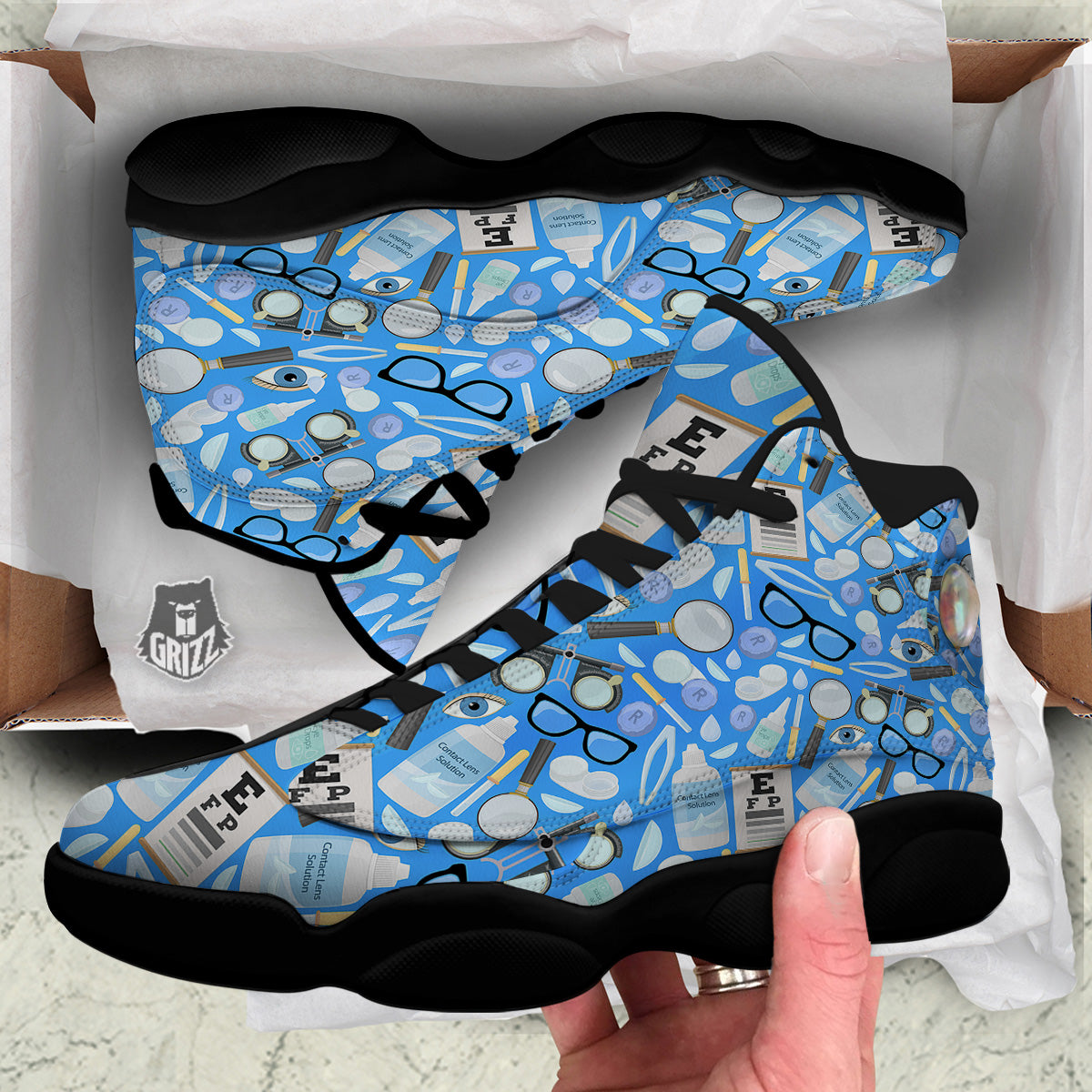 Medical Optometry Accessory Blue Print Pattern Black Basketball Shoes-grizzshop