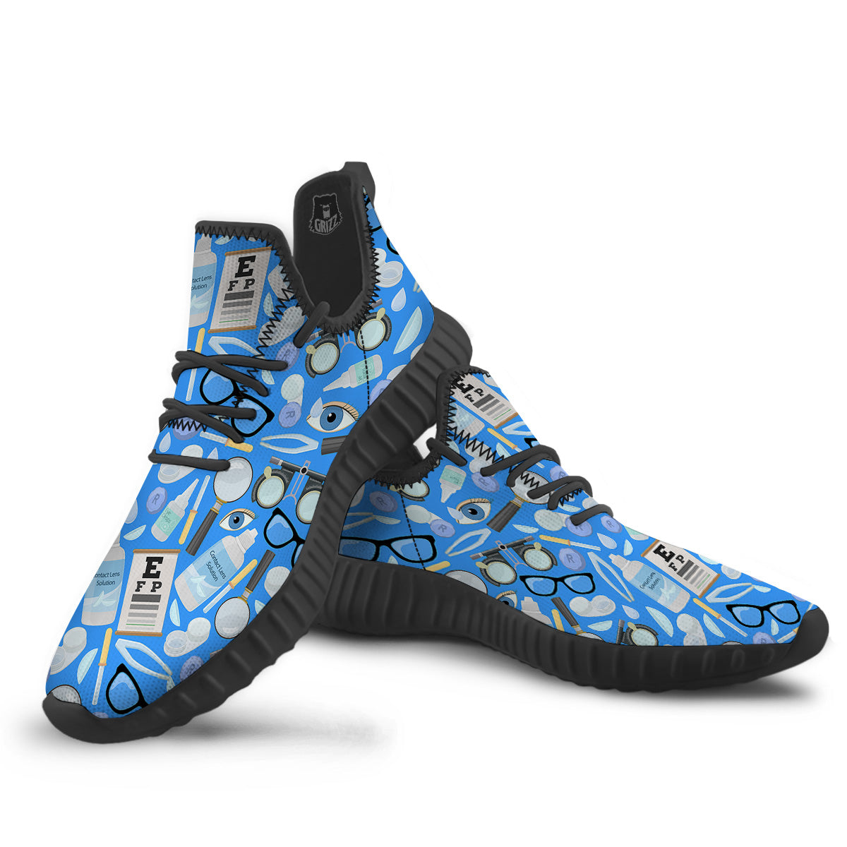 Medical Optometry Accessory Blue Print Pattern Black Walking Shoes-grizzshop