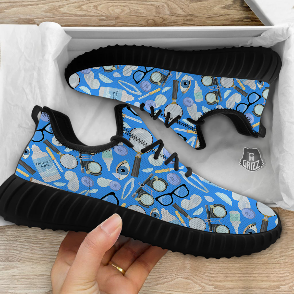 Medical Optometry Accessory Blue Print Pattern Black Walking Shoes-grizzshop