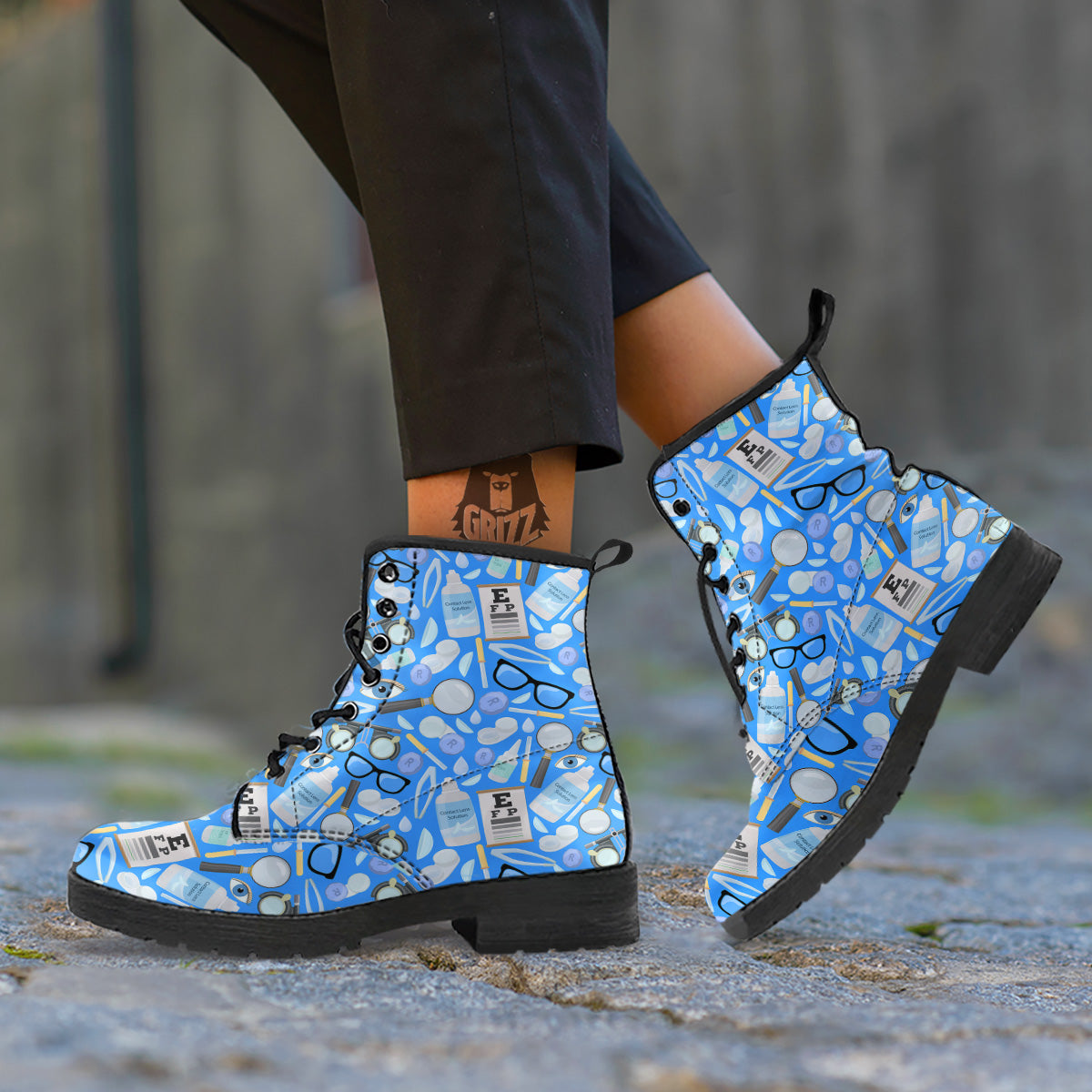Medical Optometry Accessory Blue Print Pattern Leather Boots-grizzshop