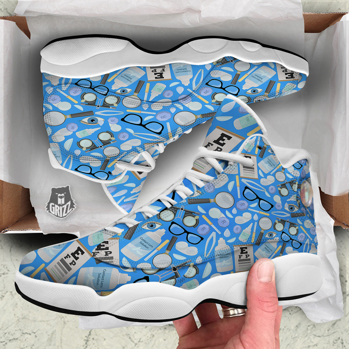 Medical Optometry Accessory Blue Print Pattern White Basketball Shoes-grizzshop