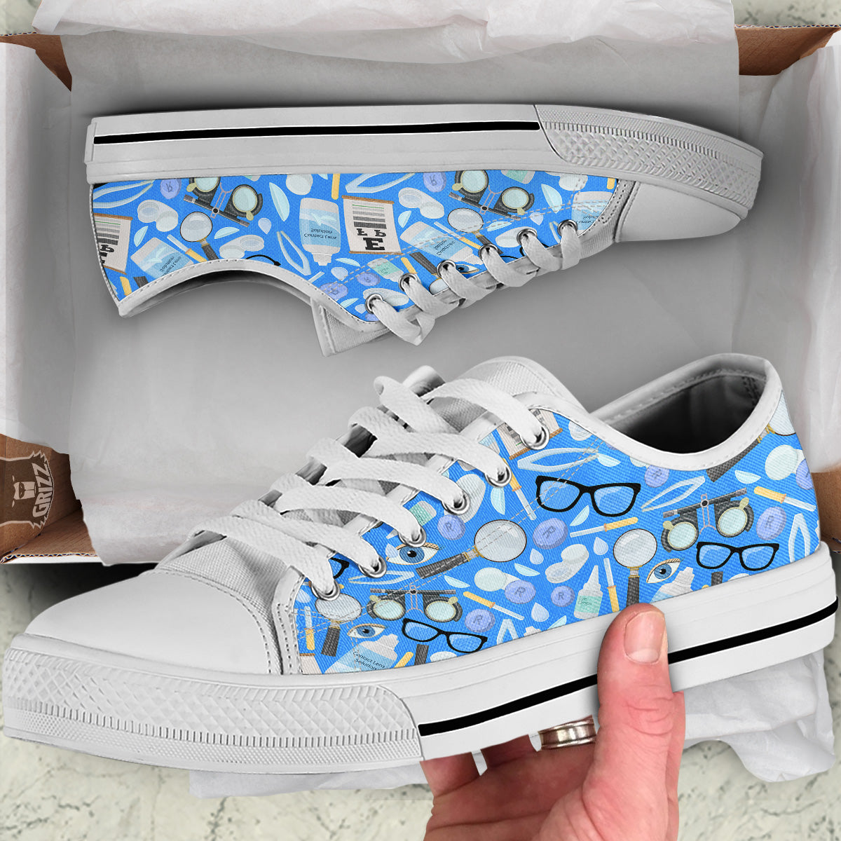 Medical Optometry Accessory Blue Print Pattern White Low Top Shoes-grizzshop