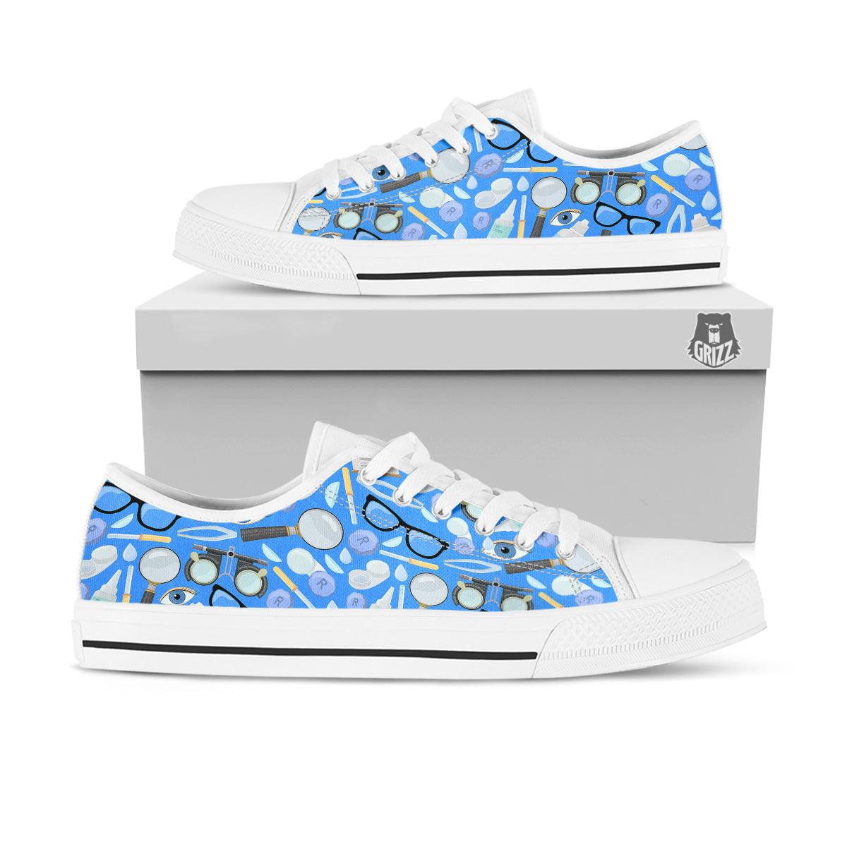 Medical Optometry Accessory Blue Print Pattern White Low Top Shoes-grizzshop