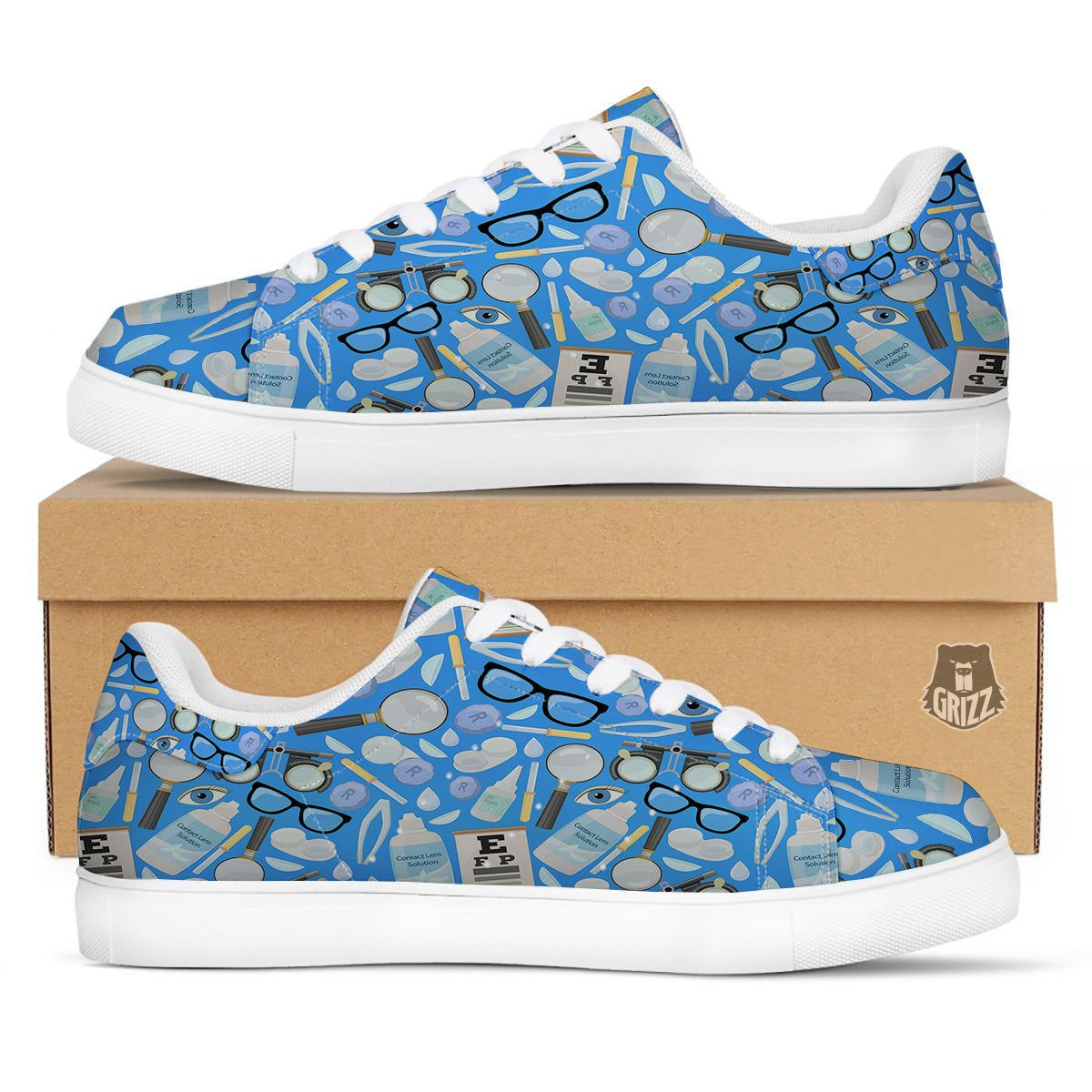 Medical Optometry Accessory Blue Print Pattern White Low Top Sneakers-grizzshop
