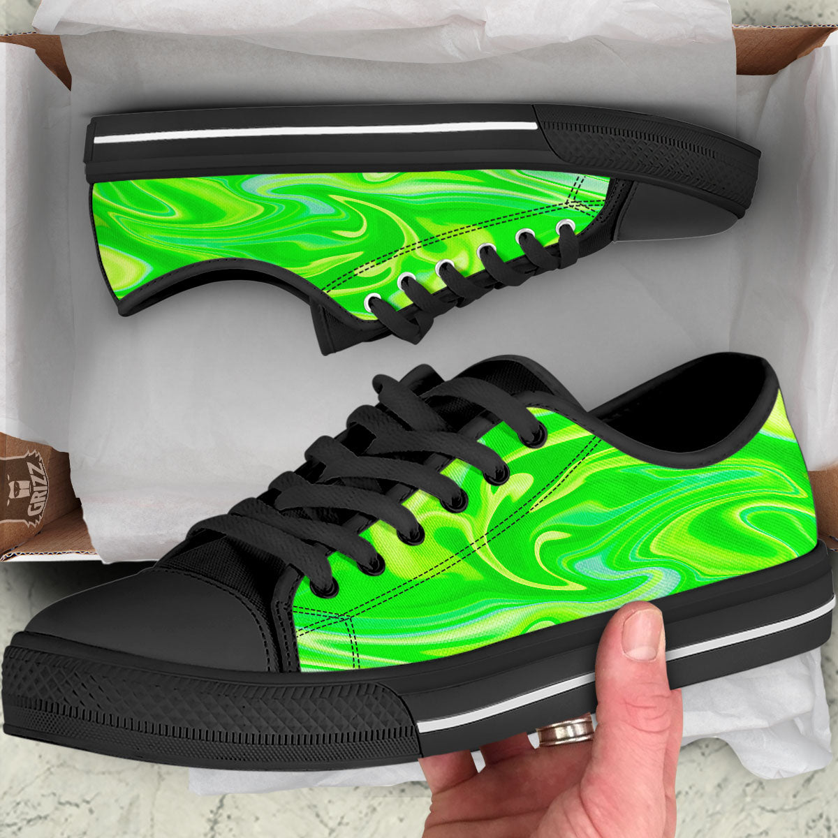 Melt Acid Green Print Black Low Top Shoes-grizzshop