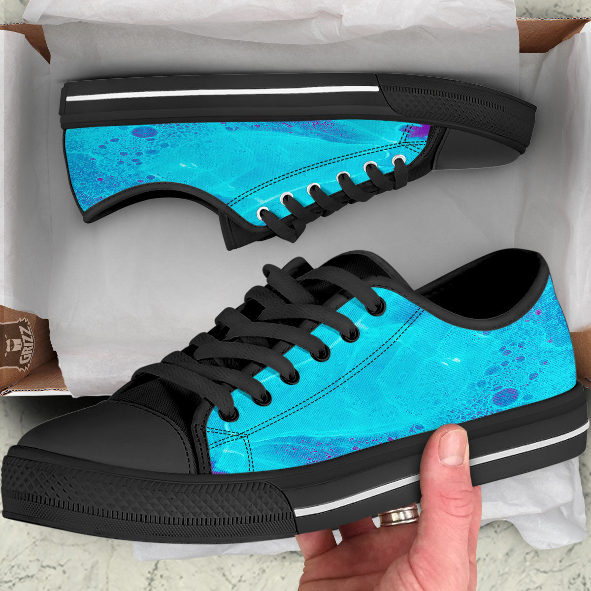 Melt Acid Turquoise Print Black Low Top Shoes-grizzshop