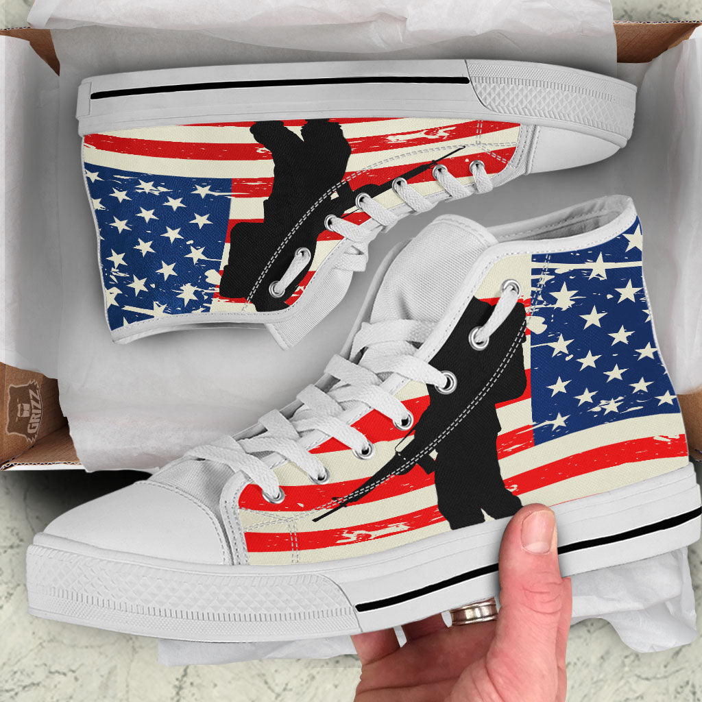 Memorial War American Flag Print White High Top Shoes-grizzshop