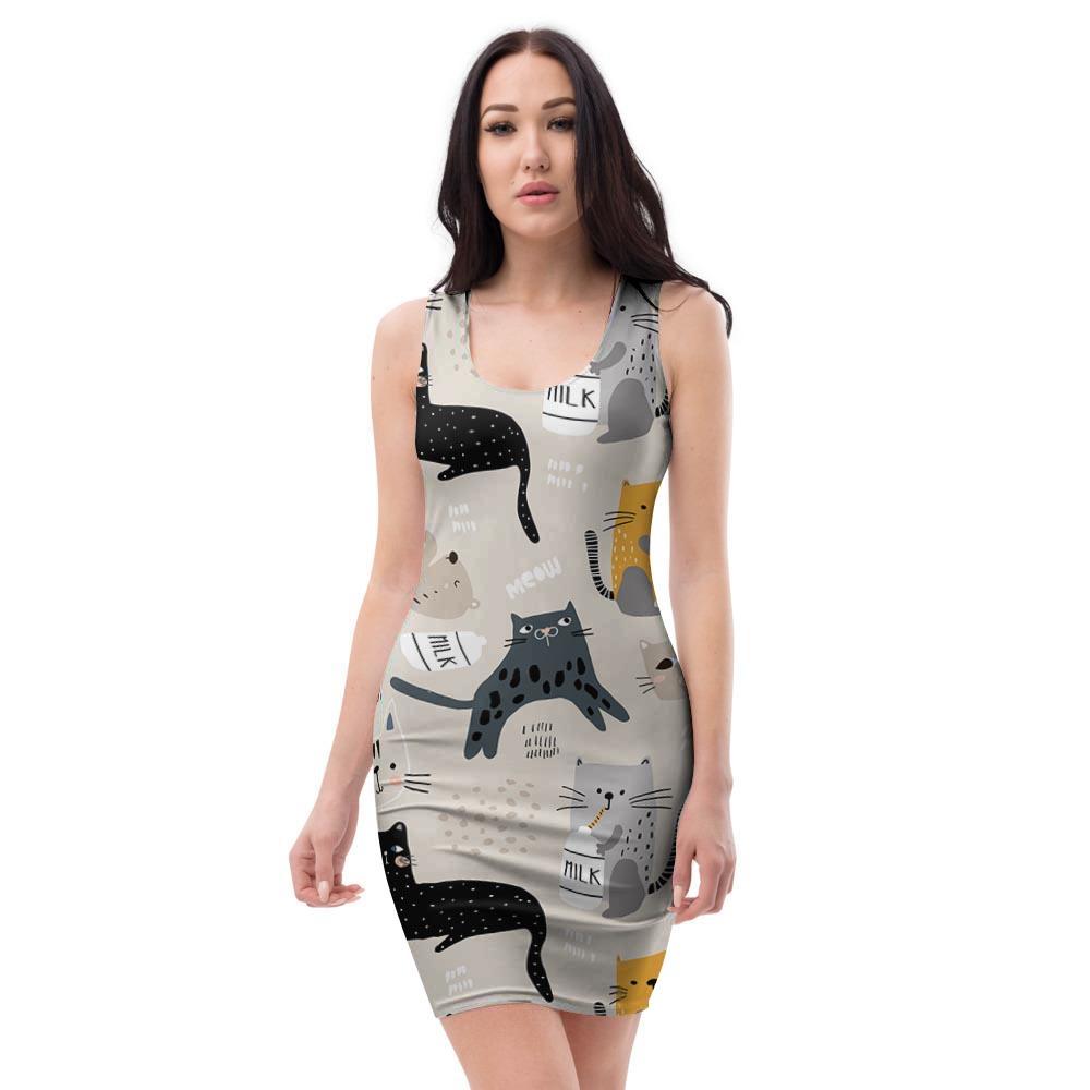 Meow Cat Print Bodycon Dress-grizzshop