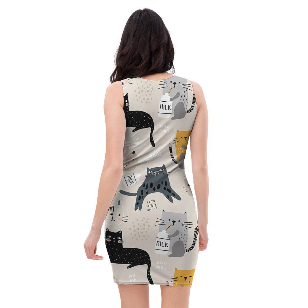 Meow Cat Print Bodycon Dress-grizzshop