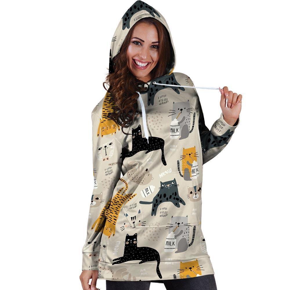 Meow Cat Print Hoodie Dress-grizzshop