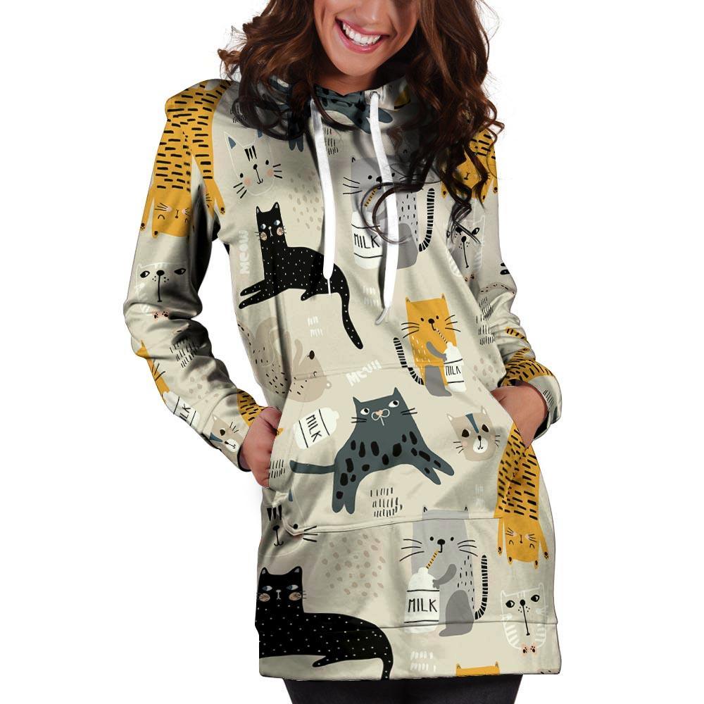 Meow Cat Print Hoodie Dress-grizzshop