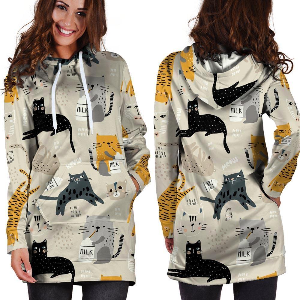 Meow Cat Print Hoodie Dress-grizzshop