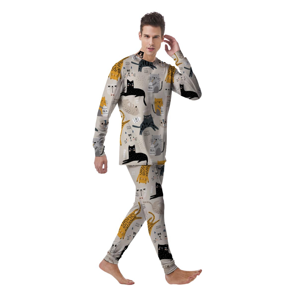 Meow Cat Print Men's Pajamas-grizzshop