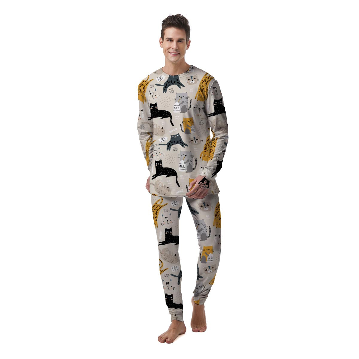 Meow Cat Print Men's Pajamas-grizzshop