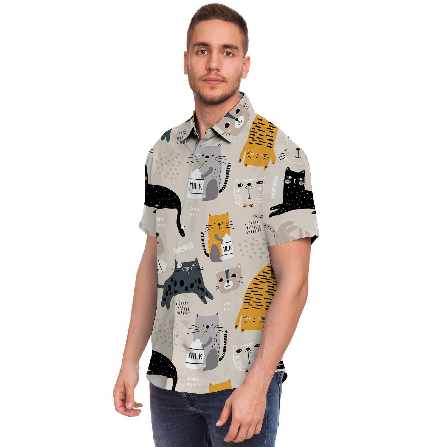 Meow Cat Print Men's Short Sleeve Shirt-grizzshop