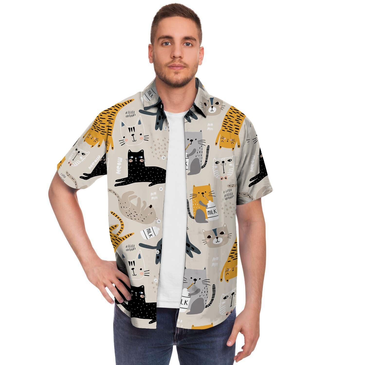 Meow Cat Print Men's Short Sleeve Shirt-grizzshop