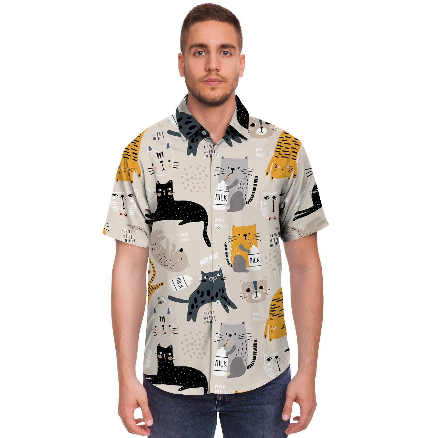 Meow Cat Print Men's Short Sleeve Shirt-grizzshop