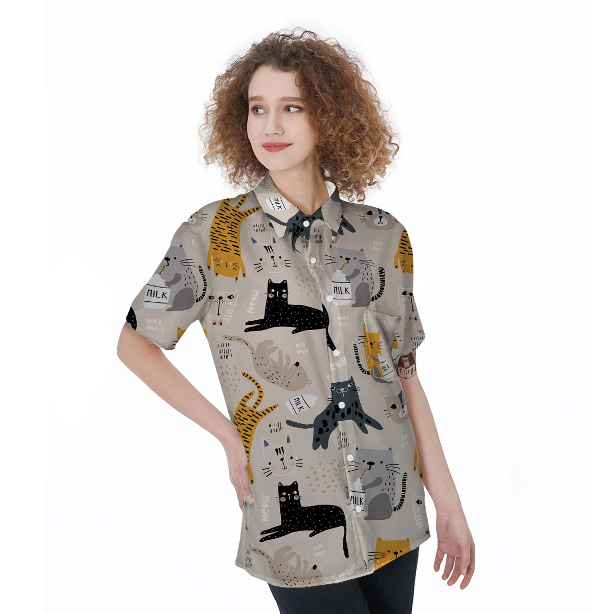 Meow Cat Print Women's Short Sleeve Shirts-grizzshop