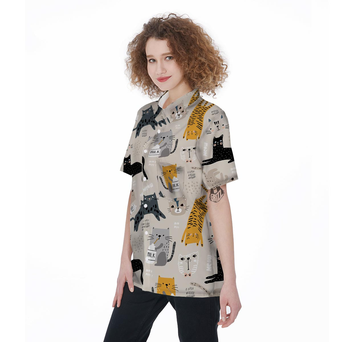 Meow Cat Print Women's Short Sleeve Shirts-grizzshop