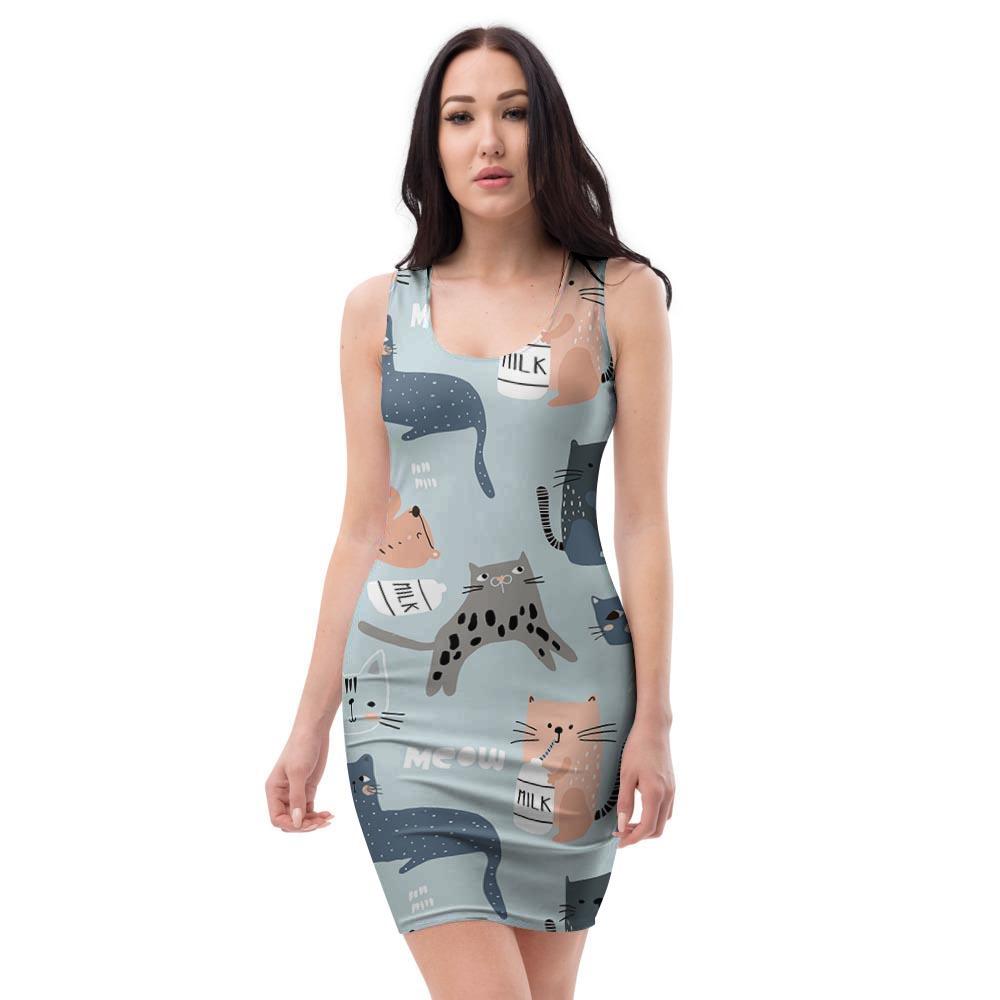 Meow Meow Cat Print Bodycon Dress-grizzshop