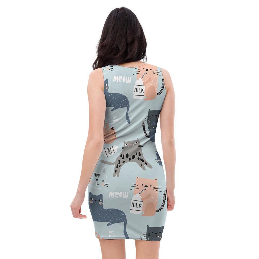 Meow Meow Cat Print Bodycon Dress-grizzshop