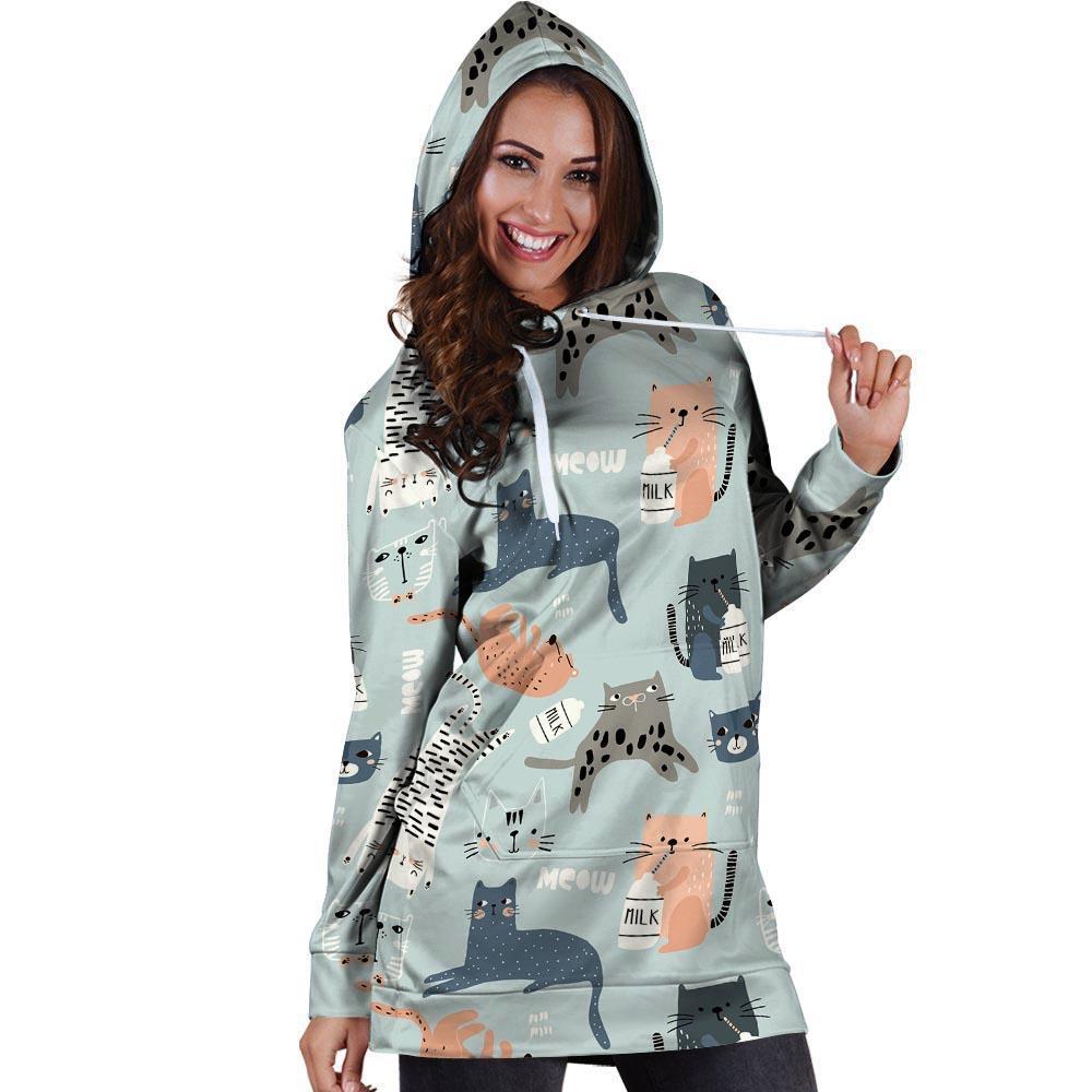 Meow Meow Cat Print Hoodie Dress-grizzshop