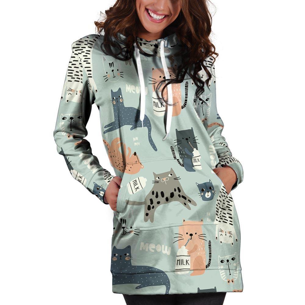 Meow Meow Cat Print Hoodie Dress-grizzshop