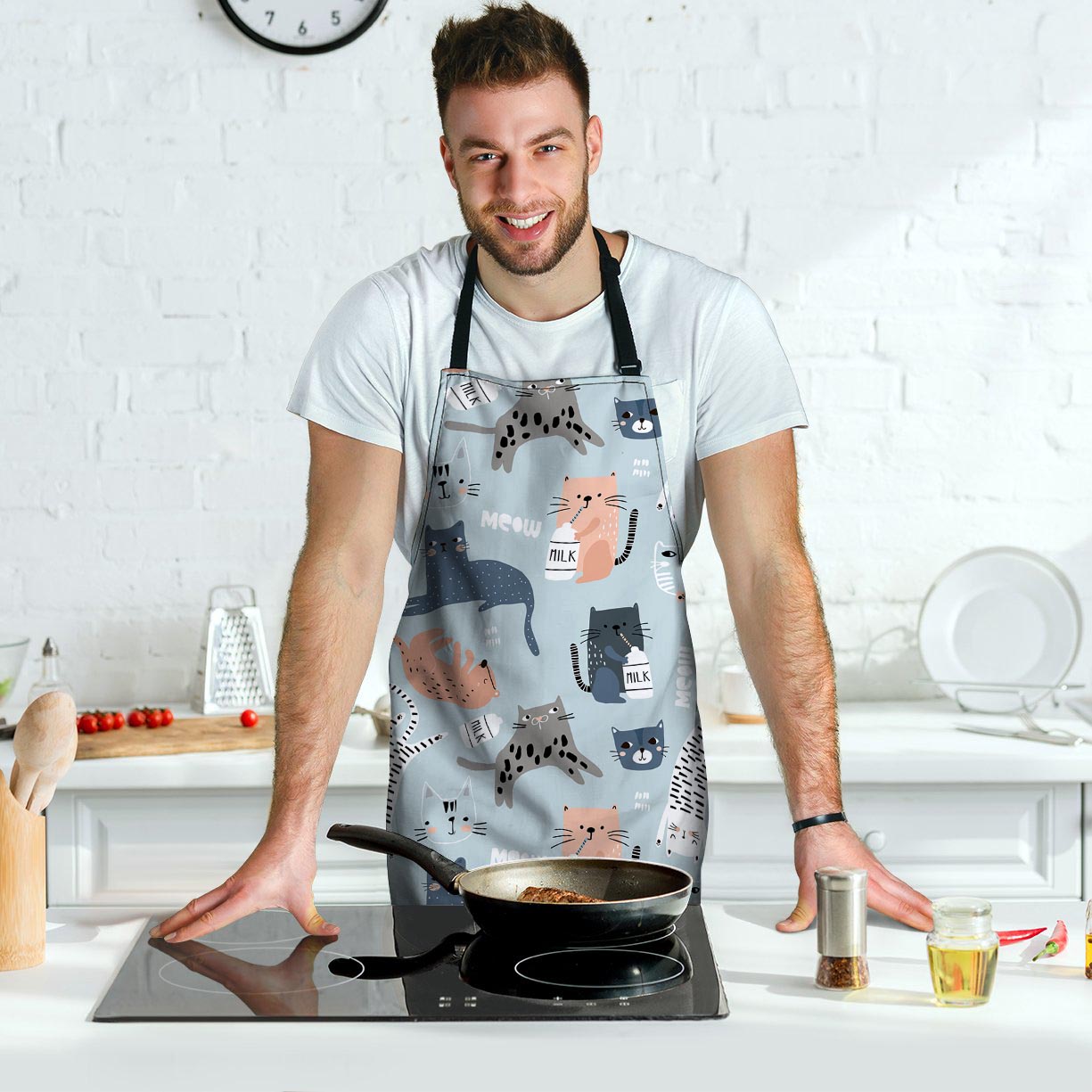 Meow Meow Cat Print Men's Apron-grizzshop