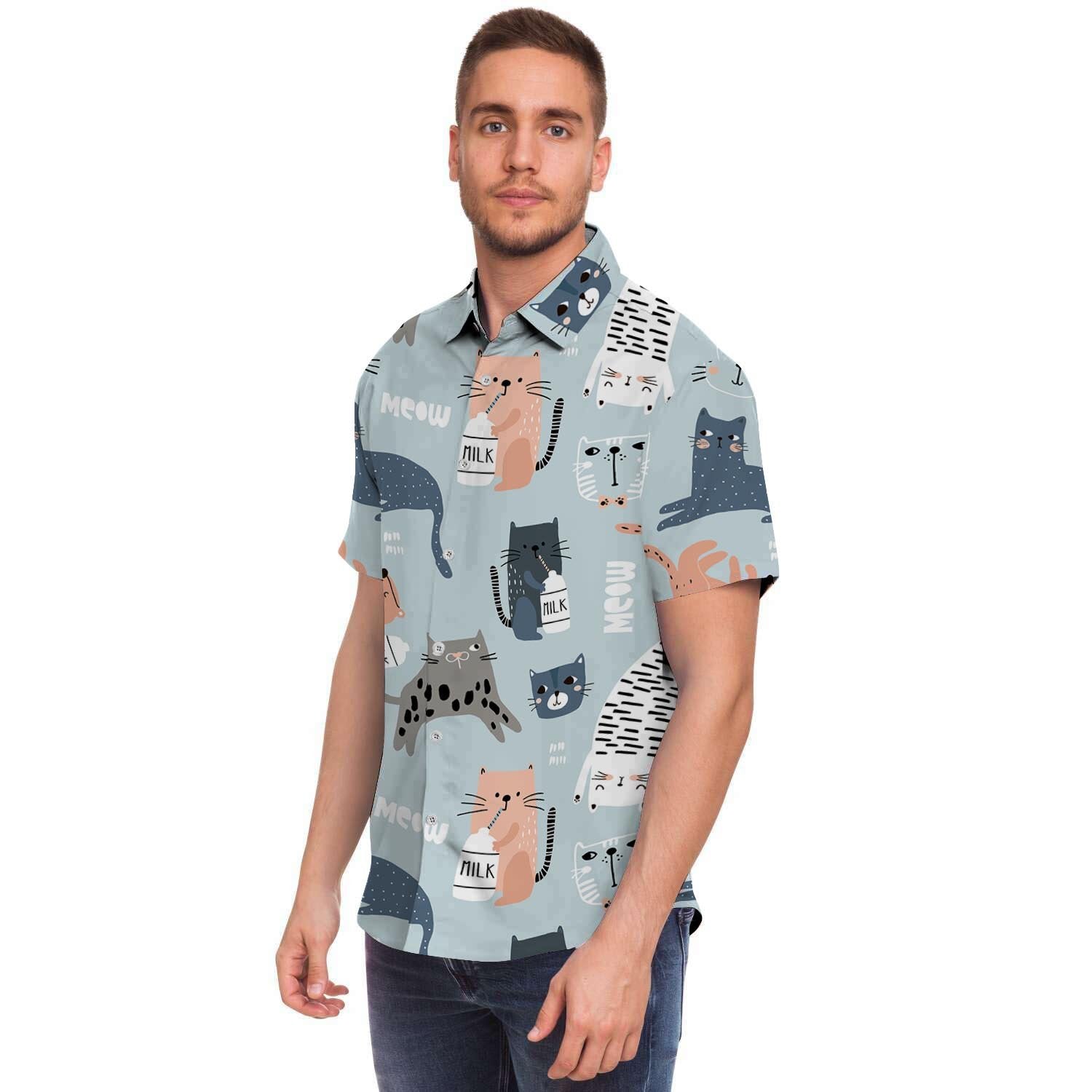 Meow Meow Cat Print Men's Short Sleeve Shirt-grizzshop