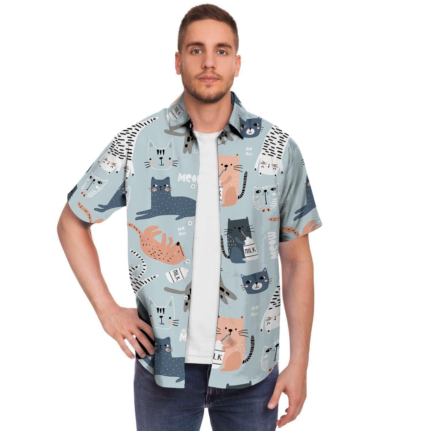 Meow Meow Cat Print Men's Short Sleeve Shirt-grizzshop