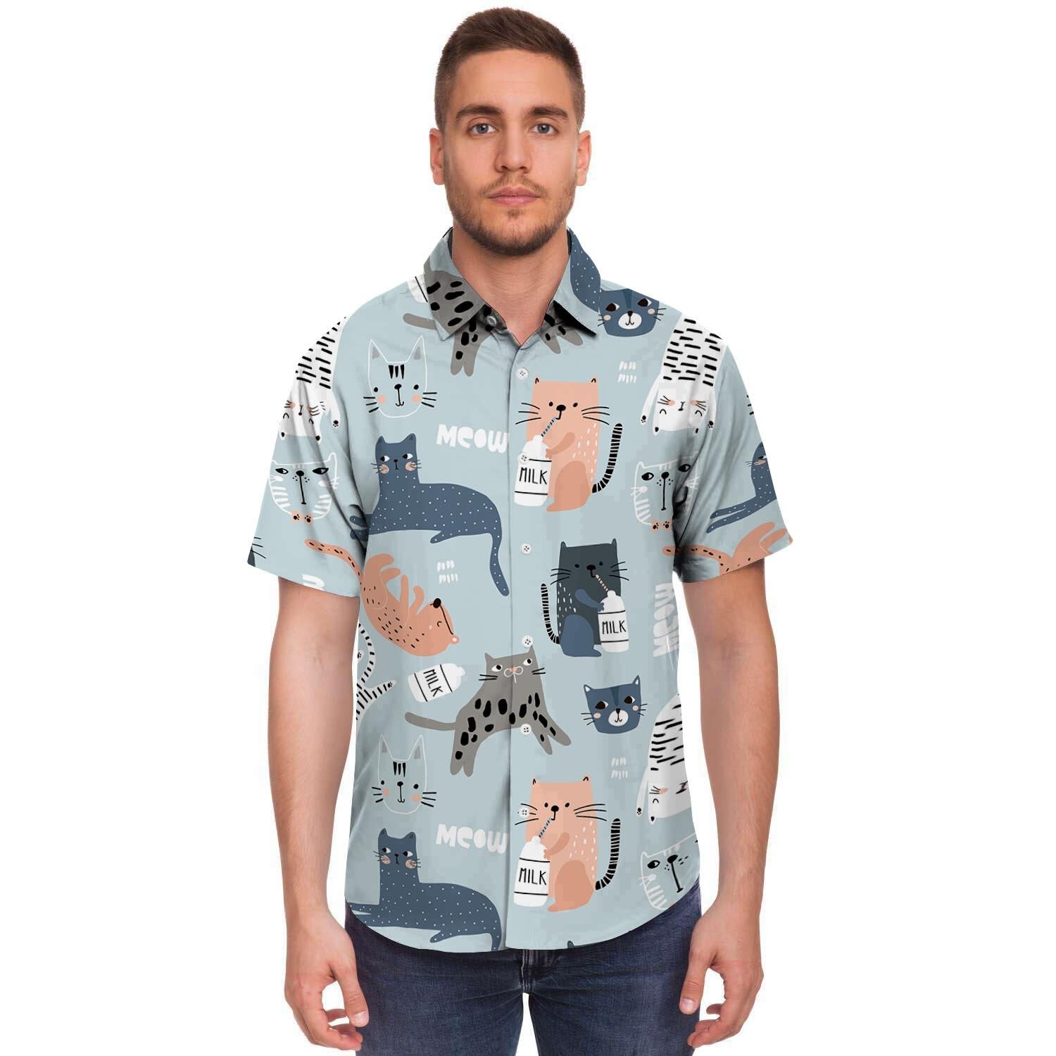 Meow Meow Cat Print Men's Short Sleeve Shirt-grizzshop