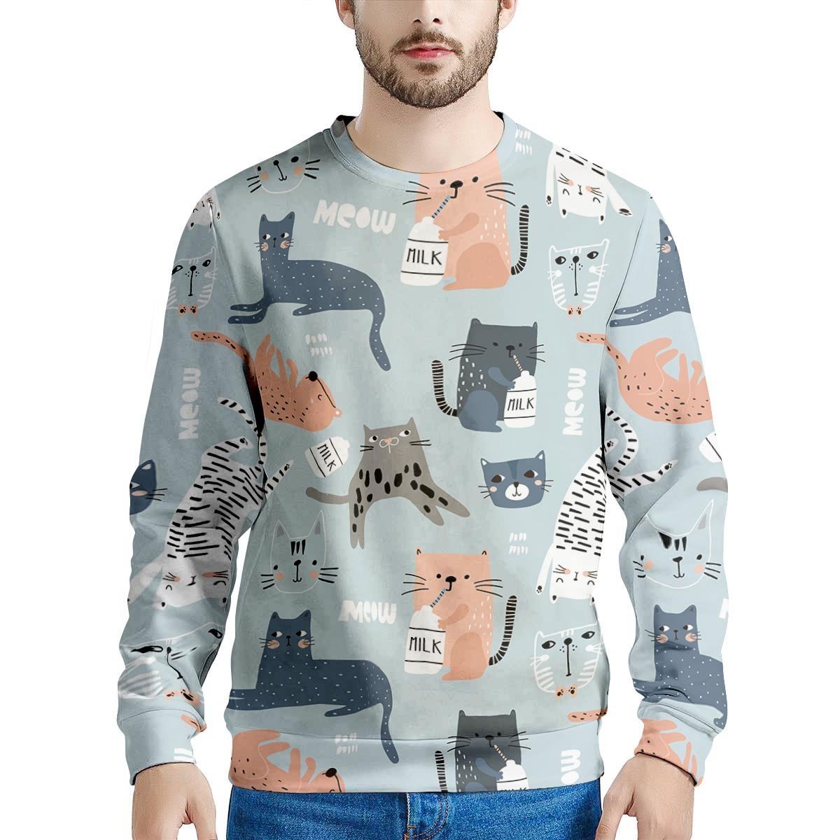 Meow Meow Cat Print Men's Sweatshirt-grizzshop