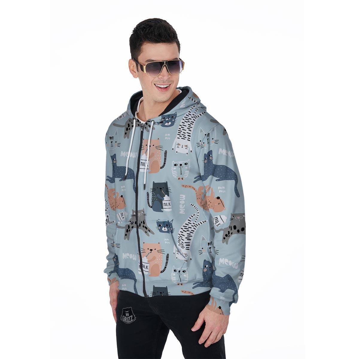 Meow Meow Cat Print Men's Zip Up Hoodie-grizzshop