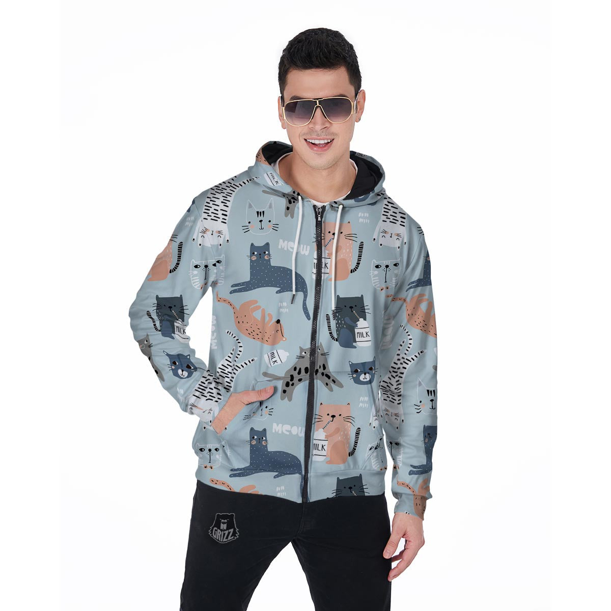 Meow Meow Cat Print Men's Zip Up Hoodie-grizzshop