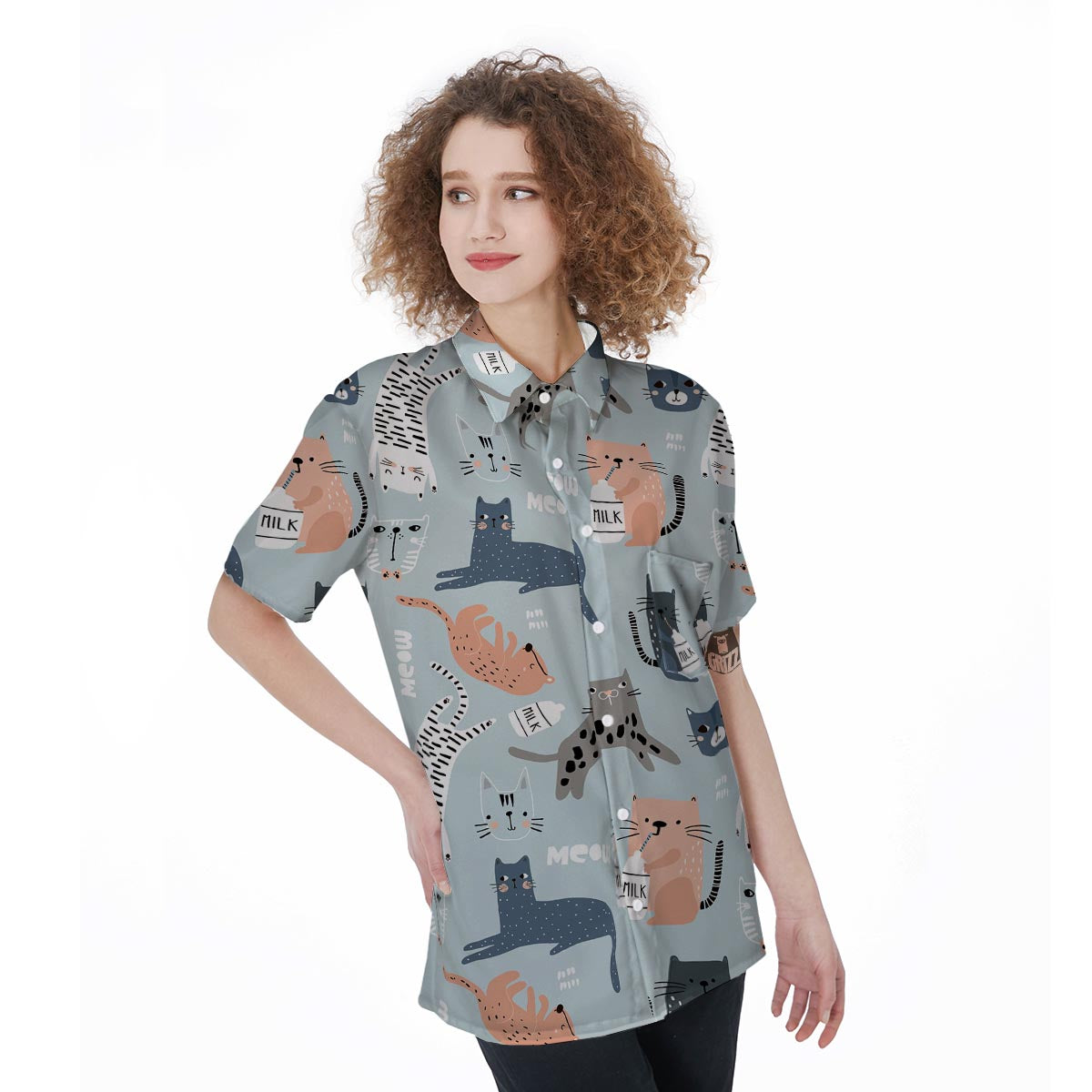 Meow Meow Cat Print Women's Short Sleeve Shirts-grizzshop
