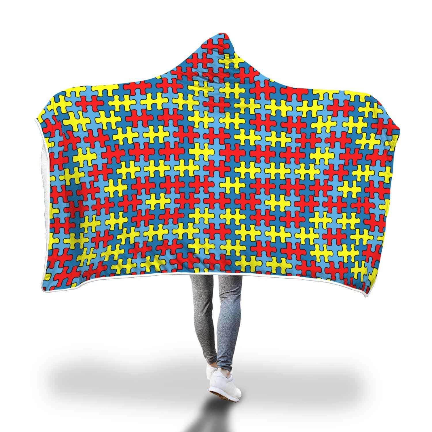 Merchandise Autism Awareness Pattern Print Hooded Blanket-grizzshop