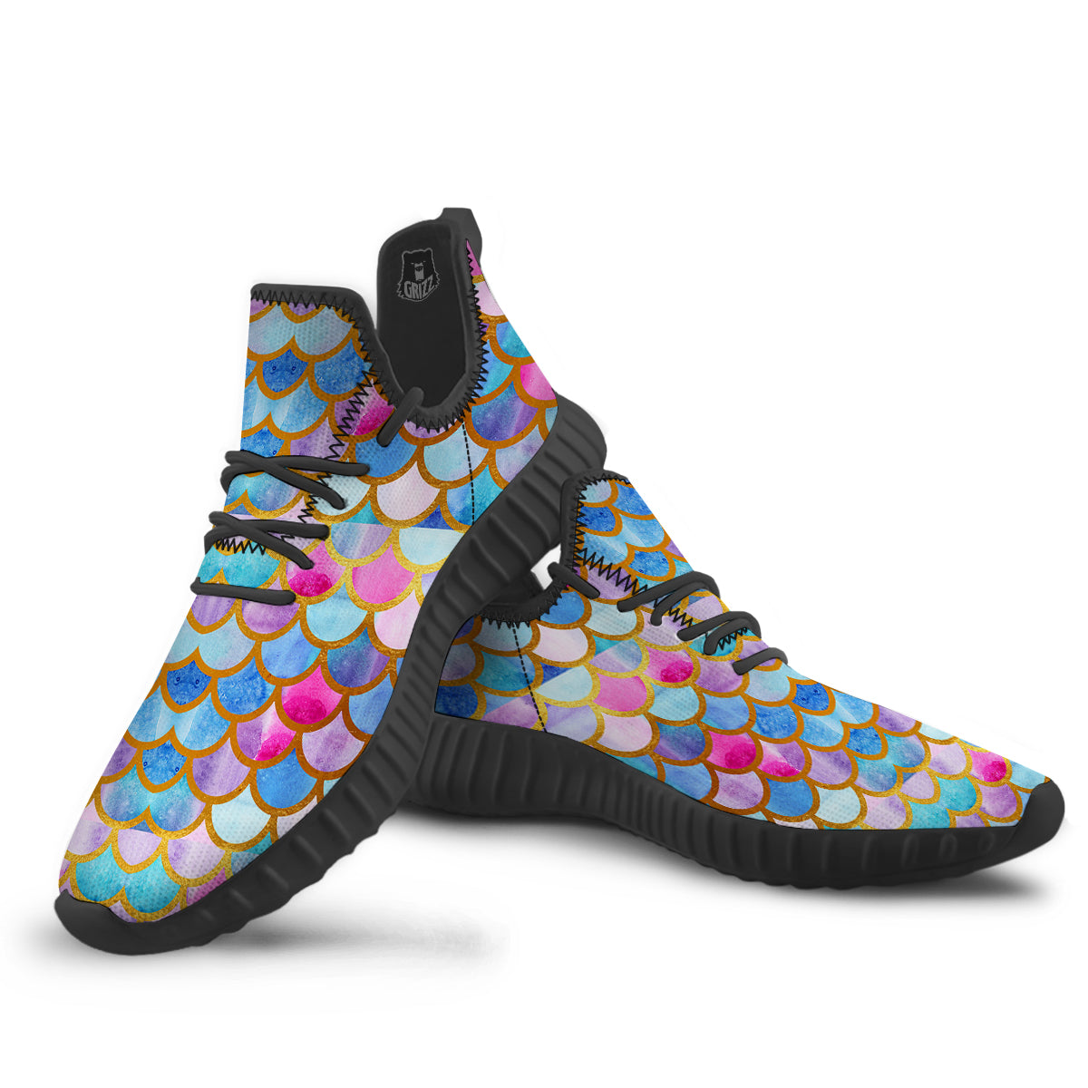 Mermaid Colorful Print Pattern Black Walking Shoes-grizzshop