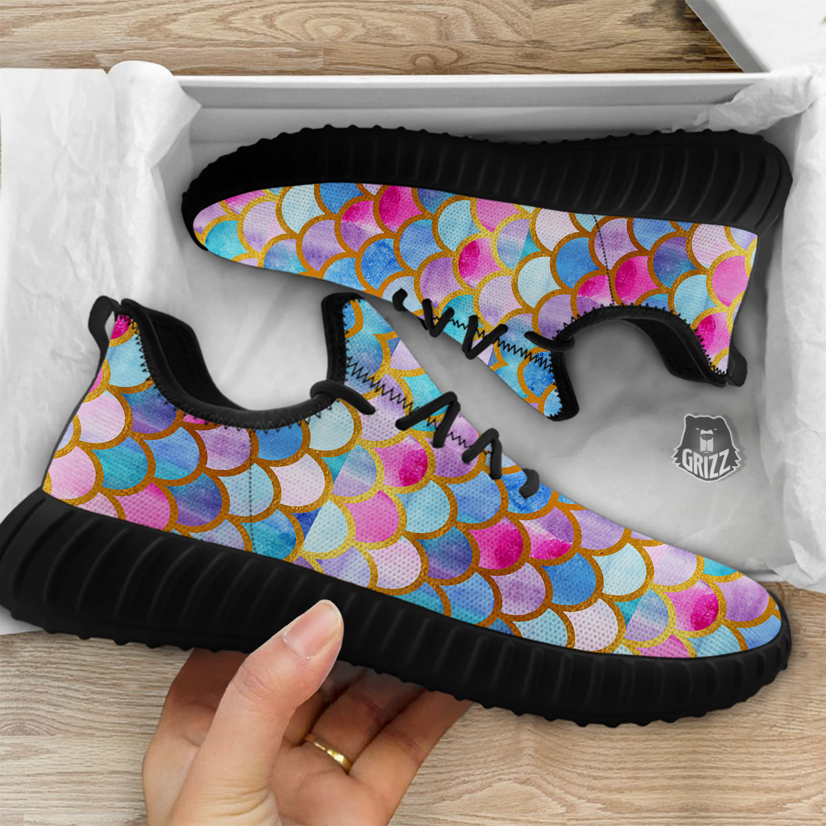 Mermaid Colorful Print Pattern Black Walking Shoes-grizzshop