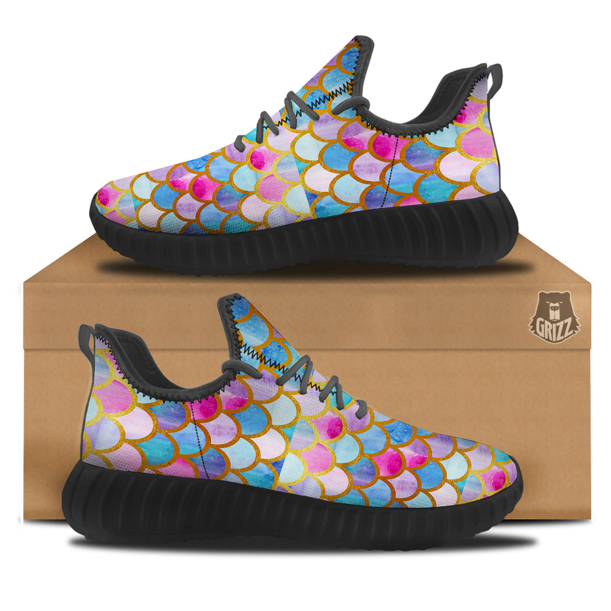 Mermaid Colorful Print Pattern Black Walking Shoes-grizzshop