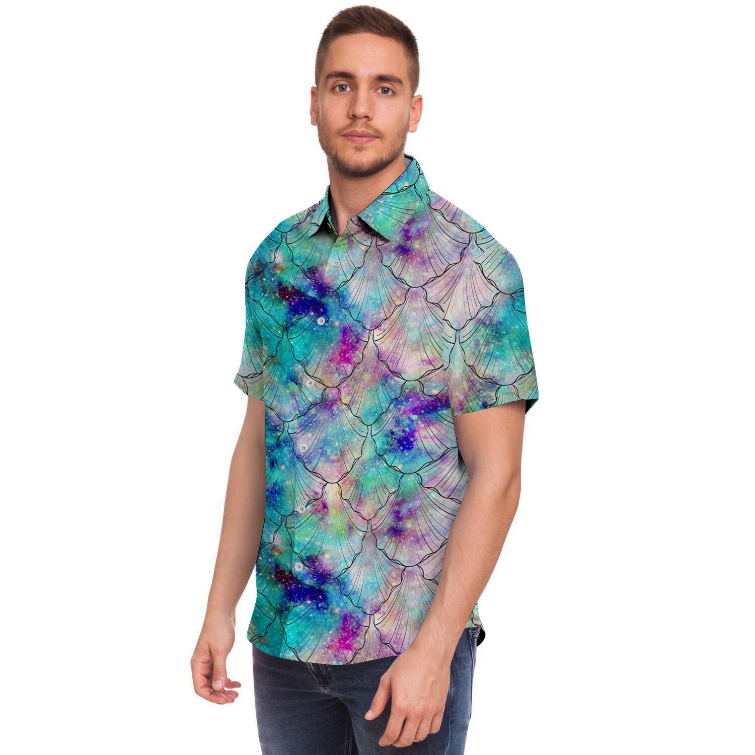 Mermaid Galaxy Print Men's Short Sleeve Shirt-grizzshop