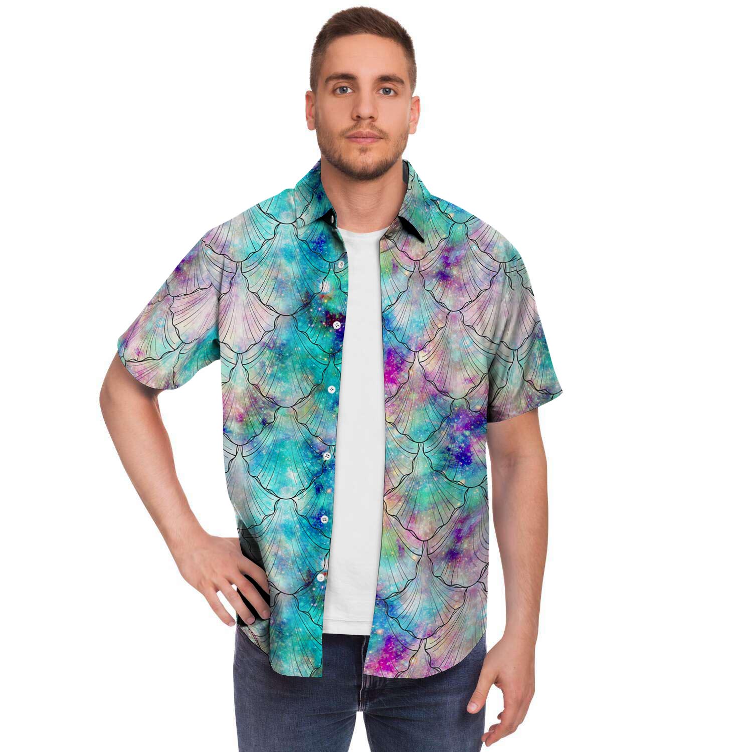 Mermaid Galaxy Print Men's Short Sleeve Shirt-grizzshop