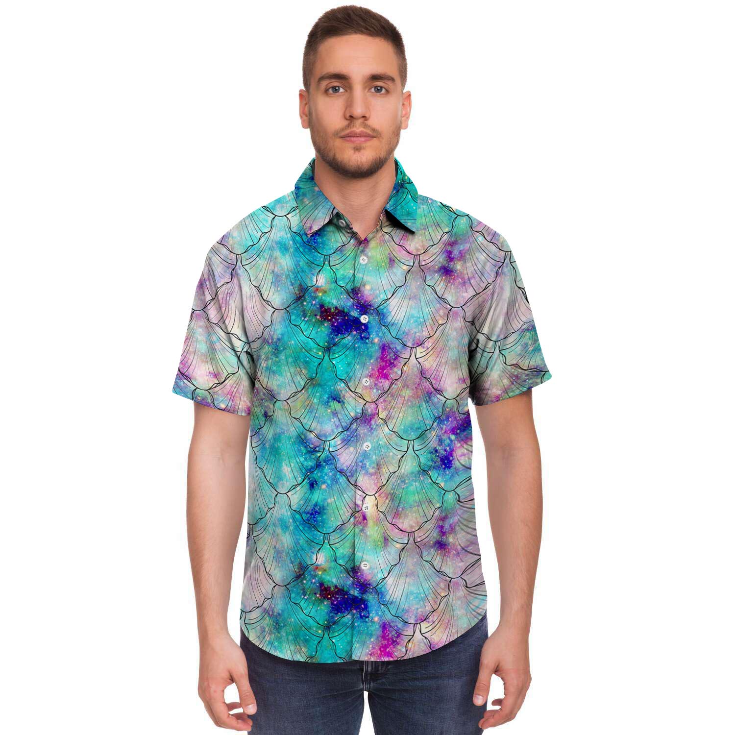 Mermaid Galaxy Print Men's Short Sleeve Shirt-grizzshop
