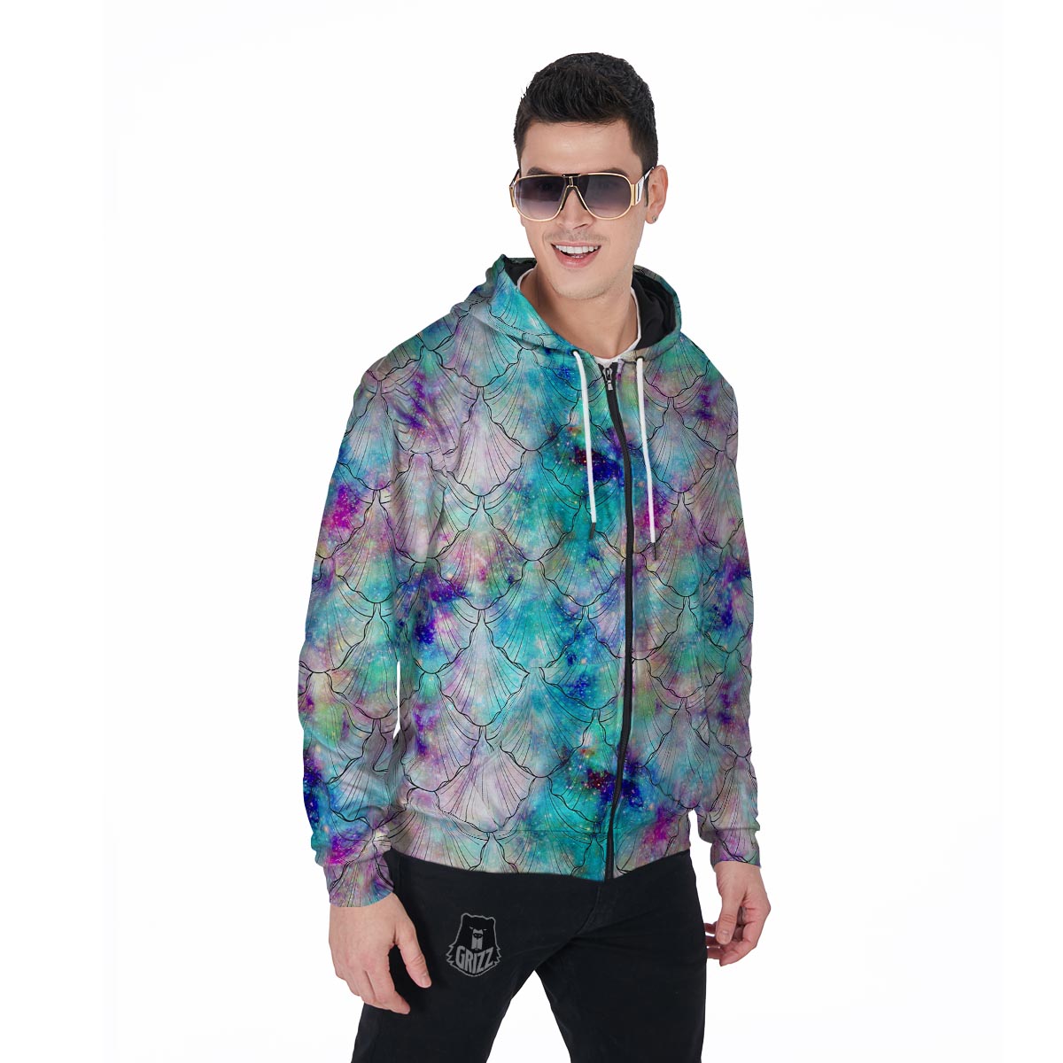 Mermaid Galaxy Print Men's Zip Up Hoodie-grizzshop