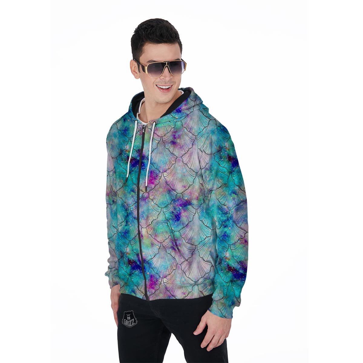 Mermaid Galaxy Print Men's Zip Up Hoodie-grizzshop