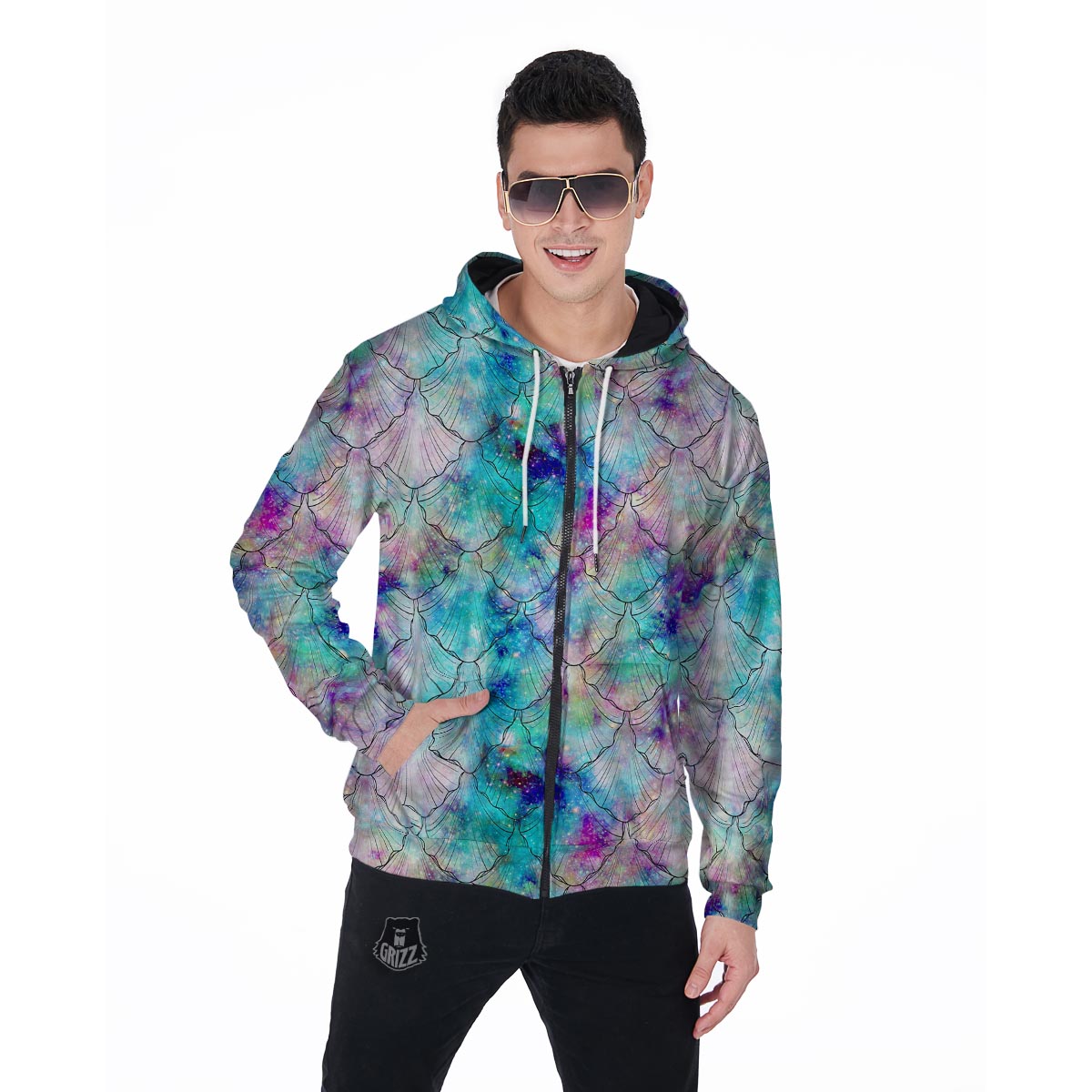 Mermaid Galaxy Print Men's Zip Up Hoodie-grizzshop