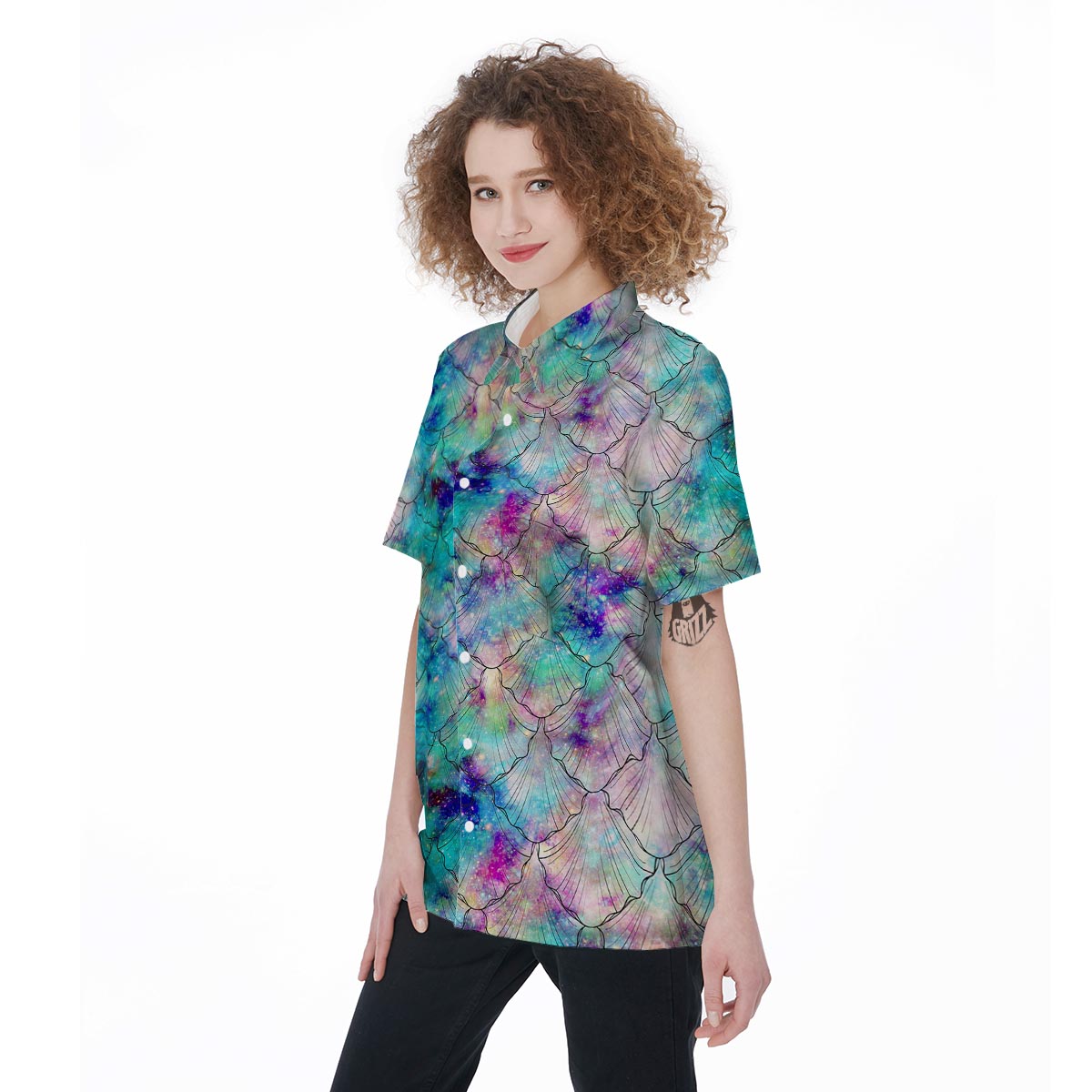 Mermaid Galaxy Print Women's Short Sleeve Shirts-grizzshop