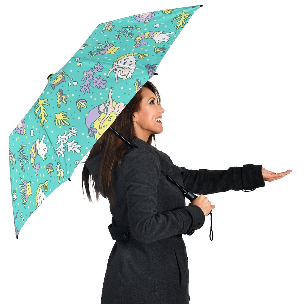 Mermaid Pattern Print Automatic Foldable Umbrella-grizzshop
