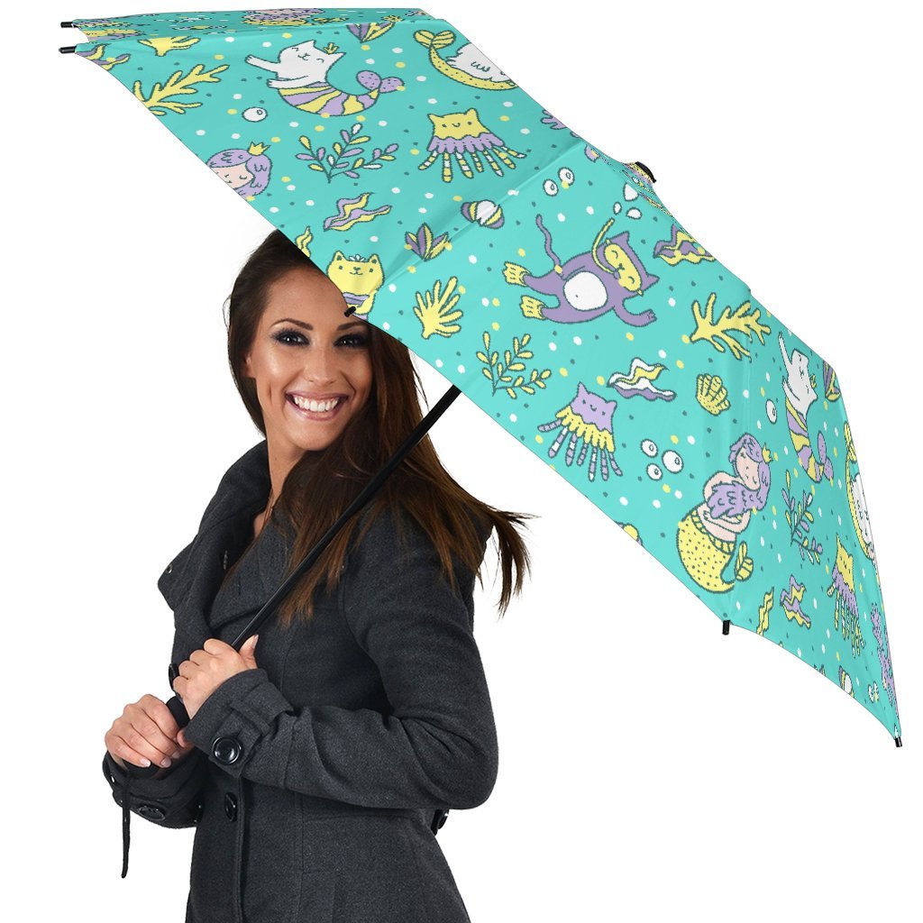 Mermaid Pattern Print Automatic Foldable Umbrella-grizzshop