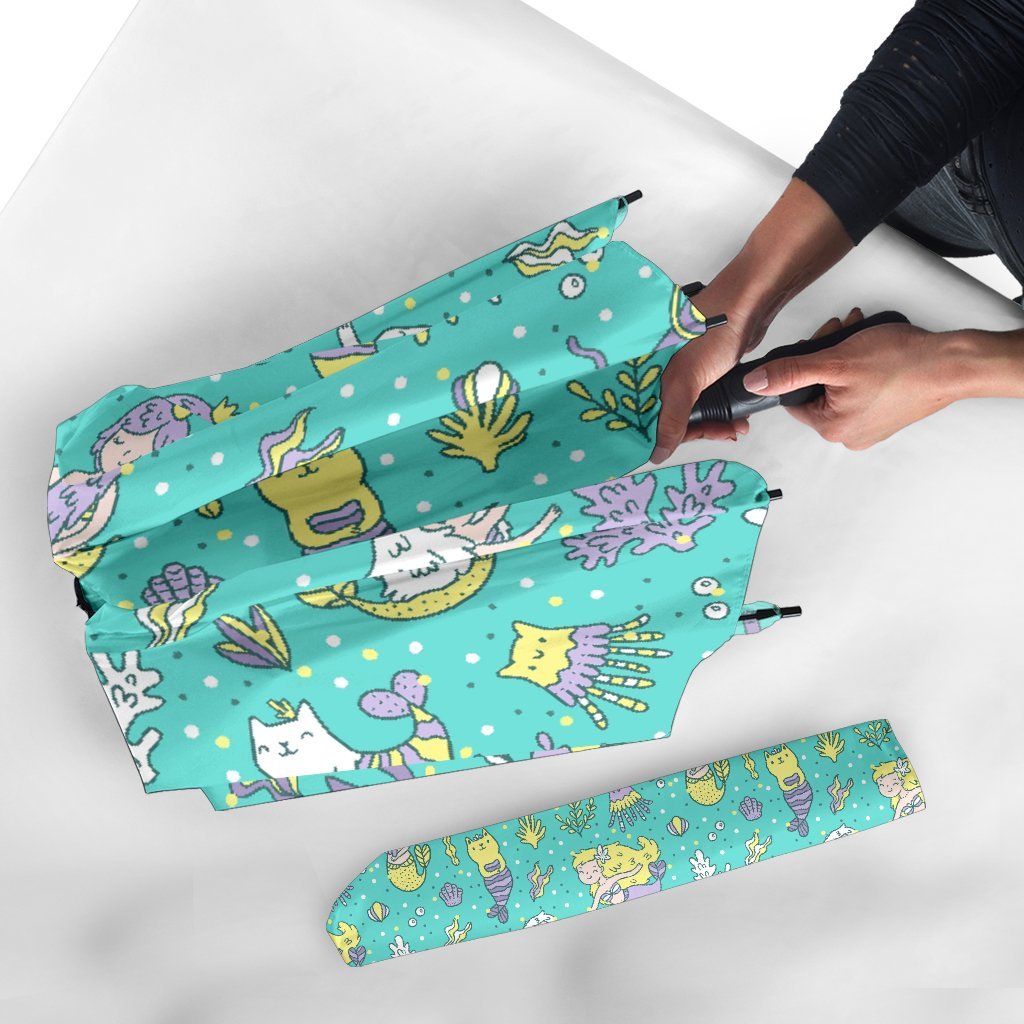Mermaid Pattern Print Automatic Foldable Umbrella-grizzshop