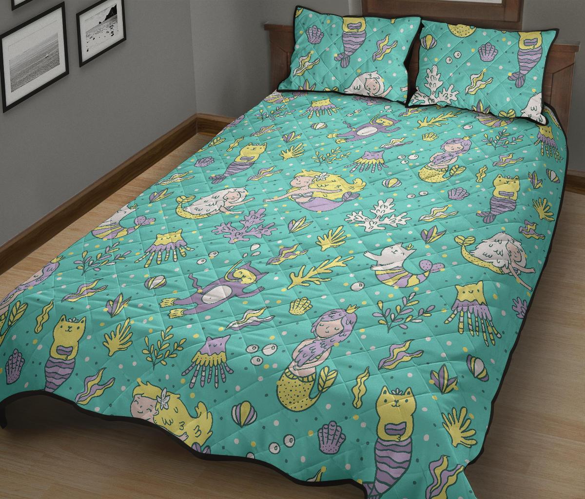 Mermaid Pattern Print Bed Set Quilt-grizzshop